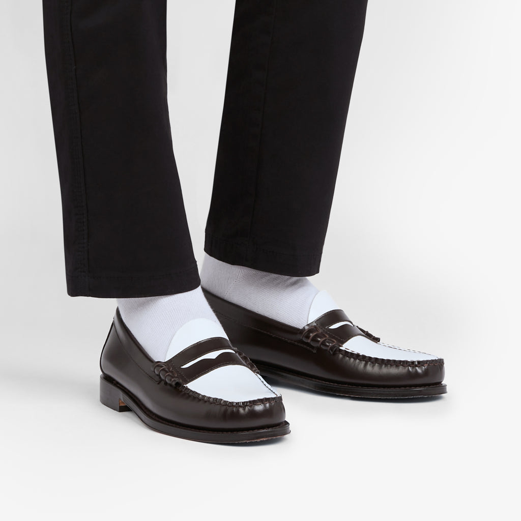 Mens Weejuns Larson Penny Loafers In Dark Brown And White